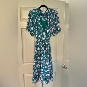 Draper James Teal Midi Wrap Dress with Pink Floral Print